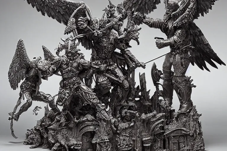 Image similar to an intricate 3d sculpture of the battle for good and evil with angels and demons by kris kuksi