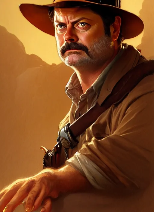 Image similar to portrait of nick offerman as indiana jones, intricate, elegant, highly detailed, digital painting, artstation, concept art, smooth, sharp focus, illustration, art by artgerm and greg rutkowski and alphonse mucha