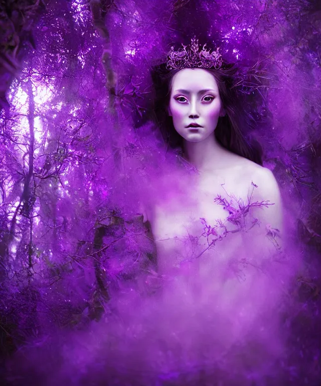 Prompt: ultra detailed, magical realism, portrait painting, of the beautiful empress within the enchanted purple forest, glowing purple, volumetric lighting, depth of field, illusion, intricate details, by peter coulson