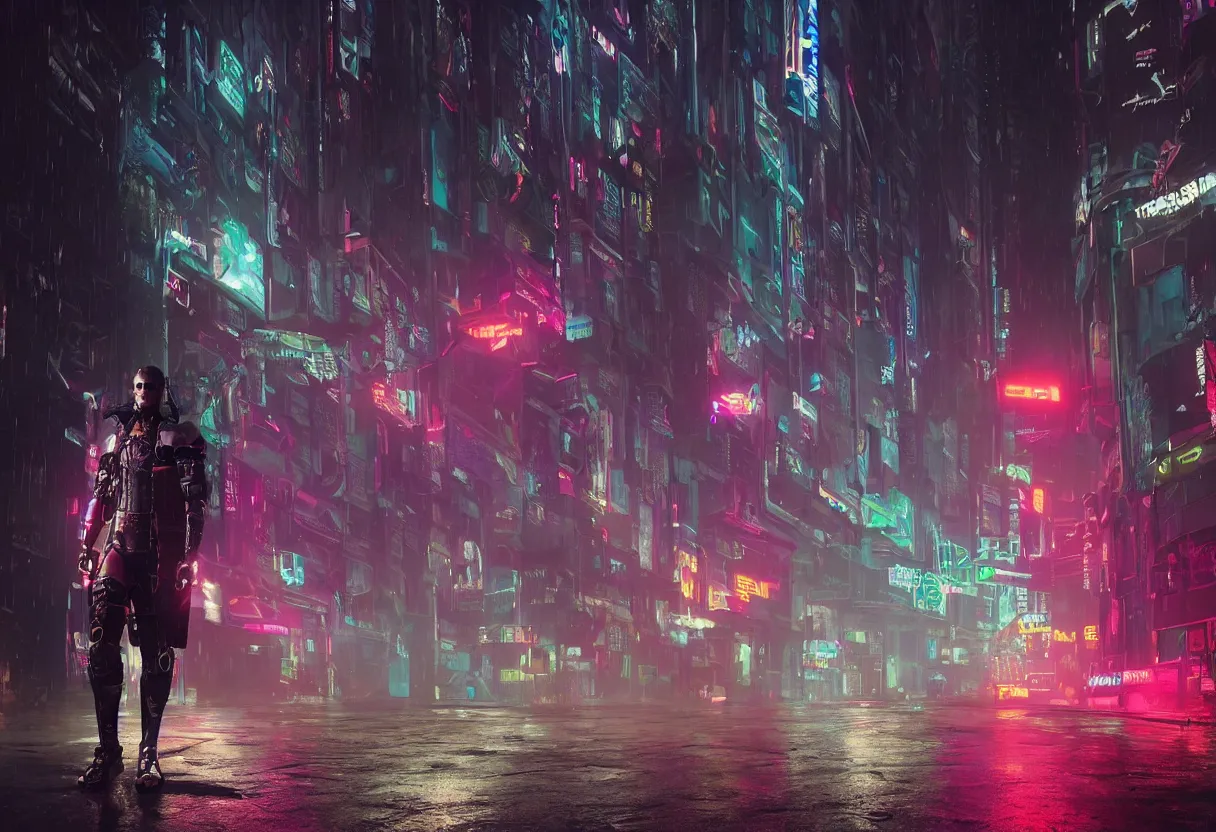 Prompt: an epic portrait of a cyberpunk knight wearing a neon wizard's cloak posing in a foggy megacity, Night City, cyberpunk 2077, brutalist international futurist, muted neon and constant rain and fog, unreal 5, DAZ, detailed, soft focus, brilliant colors, high contrast, brilliant highlights, 4k, 8k, HD, trending on artstation, trending on DeviantArt, painting oil on canvas illustration by Alena Aenmai by Wayne Barlowe by Gerald Brom by Noah Bradley by Thomas Kincade