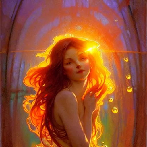 Image similar to glossy liquid honey drops flowing like translucent amber, backlit, sunset, refracted lighting, art by collier, albert aublet, krenz cushart, artem demura, alphonse mucha