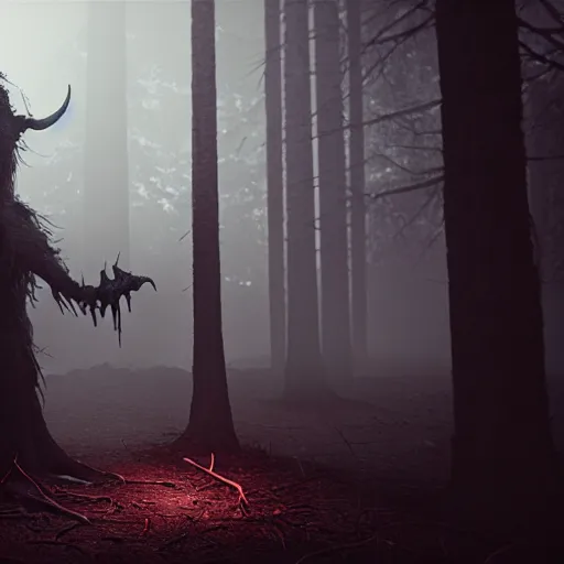 Image similar to monster with claws and big teeths, in a foggy forest, beautiful dynamic dramatic dark moody lighting, cinematic atmosphere, stunning shadows, octane render, bloodborne style, 8 k, photorealistic