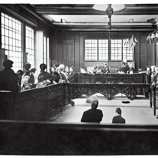 Prompt: an image of a civic criminal court, in a medium full shot, russian and japanese mix, high - key lighting, warm lighting, overcast flat midday sunlight, a vintage historical fantasy 1 9 1 5 photo from life magazine, professional cooperate, the new york times photojournalism.