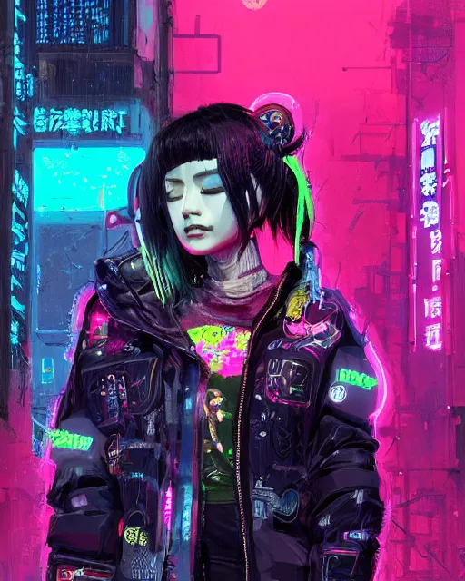 Image similar to detailed portrait Neon Operator Girl, cyberpunk futuristic neon, reflective puffer jacket, black leggings, decorated with traditional Japanese ornaments by Ismail inceoglu dragan bibin hans thoma !dream detailed portrait Neon Operator Girl, cyberpunk futuristic neon, reflective puffy coat, decorated with traditional Japanese ornaments by Ismail inceoglu dragan bibin hans thoma greg rutkowski Alexandros Pyromallis Nekro Rene Maritte Illustrated, Perfect face, fine details, realistic shaded, fine-face, pretty face