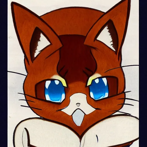 Image similar to an anime drawing of a tan cat with blue eyes and black feet, by ken sugimori in 1 9 9 8, for pokemon red and blue.