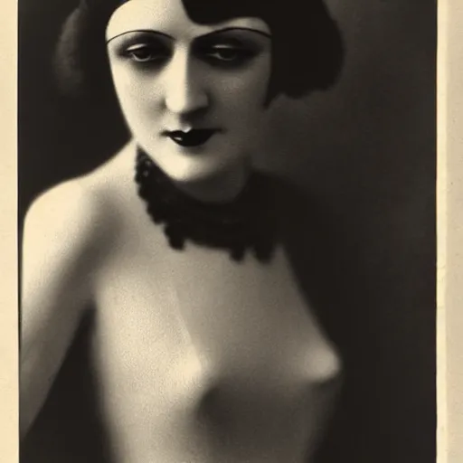 Image similar to photograph of a woman wearing flapper fashion, 1 9 2 0's, looking at the camera, aesthetic, elaborate, intricate, highly detailed, detailed face, photorealism, smooth, sharp focus, rim light, art by man ray,