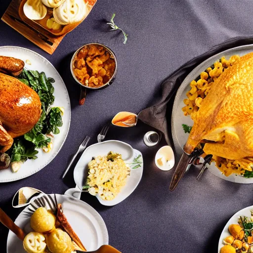 Prompt: a delicious thanksgiving dinner, dinner table, turkey, greens, macaroni and cheese, dimly lit, product shot