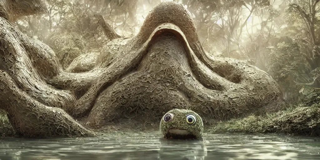 Image similar to of an intricate muddy water with strange cute friendly happy creatures with huge eyes, long tongue, round teeth and goofy funny face, appearing from the background, in the style of gehry and gaudi, macro lens, shallow depth of field, ultra detailed, digital painting, trending artstation, concept art, illustration, cinematic lighting, photorealism, epic, octane render