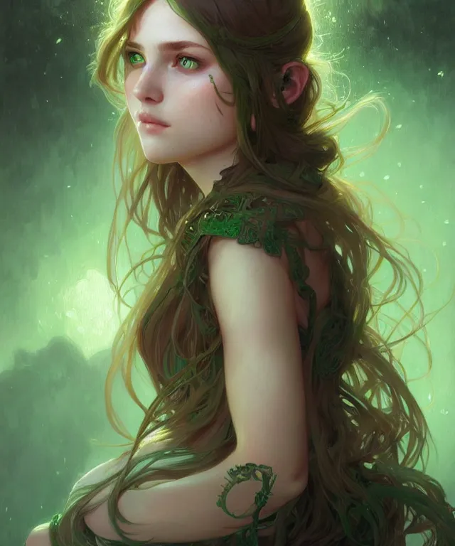 Image similar to Fae teenage girl, portrait, green eyes, face, long hair, fantasy, intricate, elegant, highly detailed, digital painting, artstation, concept art, smooth, sharp focus, illustration, art by artgerm and greg rutkowski and alphonse mucha