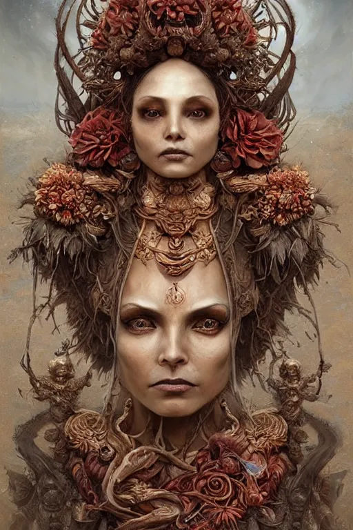 Prompt: gorgeous detailed 3 d matte painting tanned female empress of the life and fertility, by ellen jewett, tomasz alen kopera and justin gerard | symmetrical, vivacious, ominous, magical realism, texture, intricate, ornate, royally decorated, skull, skeleton, whirling smoke, embers, red adornments, red torn fabric, radiant colors