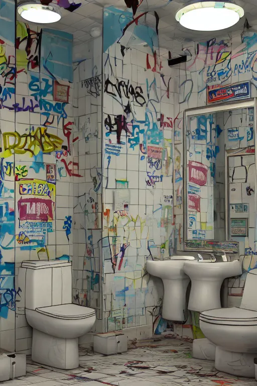 Prompt: interior of public restroom with multiple cabins, after a war battle, graffiti on walls, broken tiles, broken lightbulbs toilets with scratches, roaches, mess. toilet paper everywhere pixar disney 4 k 3 d render animation movie oscar winning trending on artststion and behance. oscar award winning.