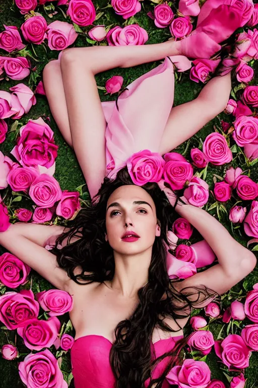 Prompt: full body fine art photo of the beauty gal gadot, she is lying down and merging from pink roses, taken by oleg oprisco