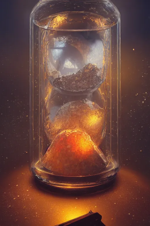 Prompt: a wodden church inside a glass jar, hourglass, intricate detail, himalayan rocksalt lamp, volumetric lighting, epic composition, hyper detailed, ultra realistic, sharp focus, octane render, volumetric, ray tracing, artstation trending, cgsociety, sense of awe, swirling mist, 4 k