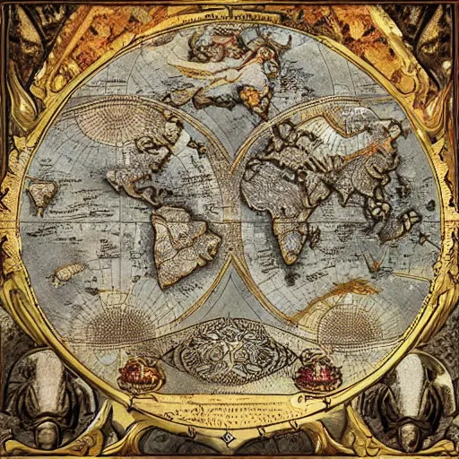 Image similar to ancient fantasy world map, antique intricate design, filigree finish, highly detailed