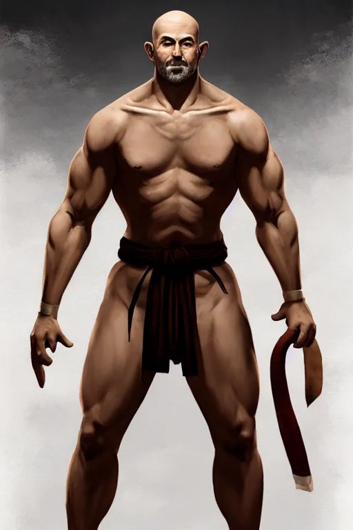 Prompt: Full body Picture of a male monk, fighter, exposed torso, bandage on arms, visible muscles, buff, symmetry, white skin, bald, white long beard, brown eyes, detailed face, combat stance, handsome, D&D, by artgerm and Craig Mullins, James Jean, Andrey Ryabovichev, Mark Simonetti and Peter Morbacher, matte painting, trending on artstation, artstationHD, artstationHQ, octane, full HD, 16K