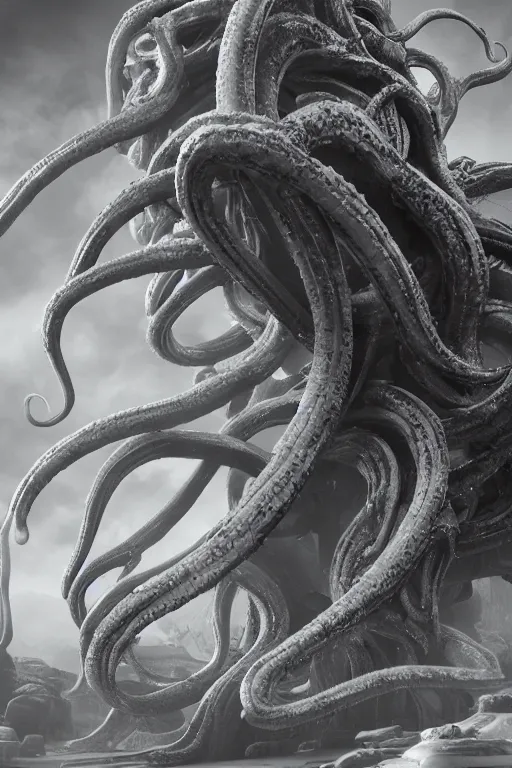 Prompt: giant ancient alien tentacles artwork by yoshitaka amano, black and white, detailed background, extremely detailed, octane rendering, sharp focus, volumetric light, particles, unreal engine 5, rtx