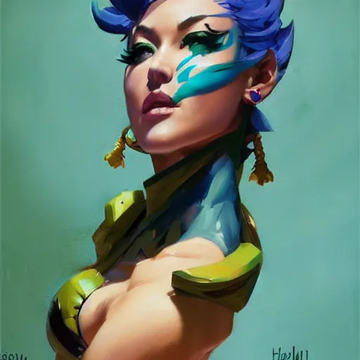 Prompt: greg manchess painting of jolyne kujo as an overwatch character, profile picture, matte painting, bold shapes, hard edges, street art, trending on artstation, by huang guangjian and gil elvgren and sachin teng