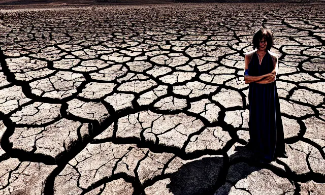 Image similar to medium shot of a nondescript crying ancient dried up Danu, peaceful, facing the camera and standing in front of a dried up river in a desolate land, dead trees, blue sky, hot and sunny, highly-detailed, elegant, dramatic lighting, artstation, 4k, cinematic landscape, photograph by Elisabeth Gadd