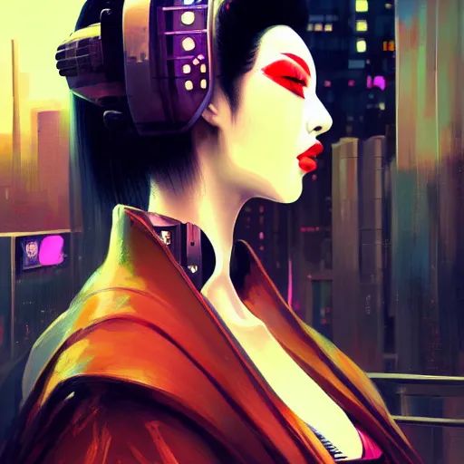 Image similar to cyberpunk geisha android robot portrait painting, medium shot, asymmetrical, profile picture, organic painting, sunny day, matte painting, bold shapes, hard edges, street art, trending on artstation, by huang guangjian, ash thorp and gil elvgren and sachin teng