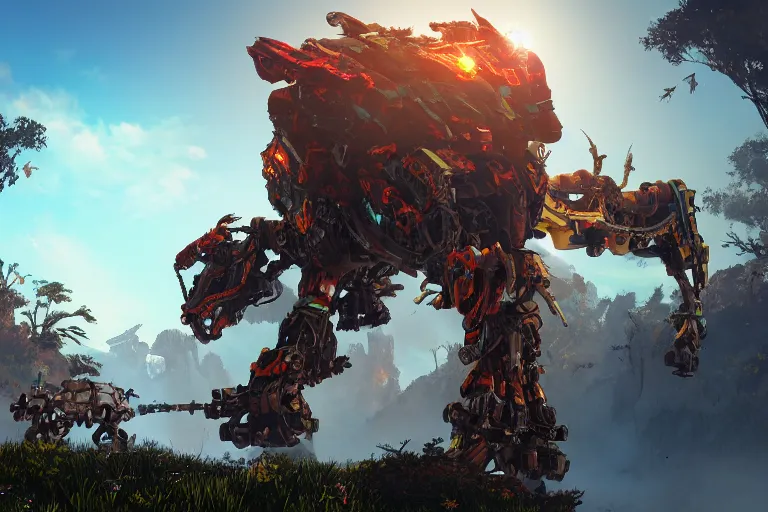 Image similar to fireclaw machine mecha animal beast robot of horizon forbidden west horizon zero dawn bioluminiscence global illumination ray tracing hdr fanart arstation by sung choi and eric pfeiffer and gabriel garza and casper konefal