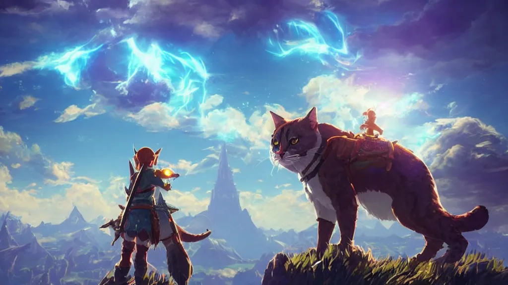 Prompt: a colossal floating single cat hovering in the sky, beautiful fantasy painting, breath of the wild, vibrant colors, magical dream-like atmosphere, cinematic lighting, hyperdetailed 3D matte painting, 8k ultraHD octane render