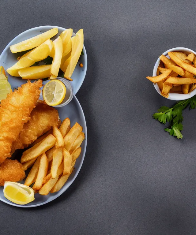 Prompt: high quality presentation photo of a plate of fish & chips, photography 4k f1.8 anamorphic bokeh 4k Canon Nikon