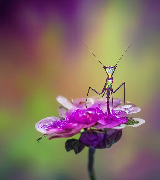 Prompt: super macro photo of a golden iridescent praying mantis on a flower in a forest. dof. bokeh. magical atmosphere. art by greg rutkowski. lifelike. very detailed 8 k. intricate. soft light. nikon d 8 5 0.