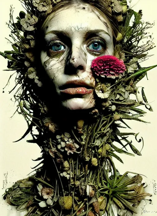 Prompt: beautiful and detailed rotten woman made of plants and many different types of flowers, muscles, intricate, organs, ornate, surreal, john constable, guy denning, dan hillier