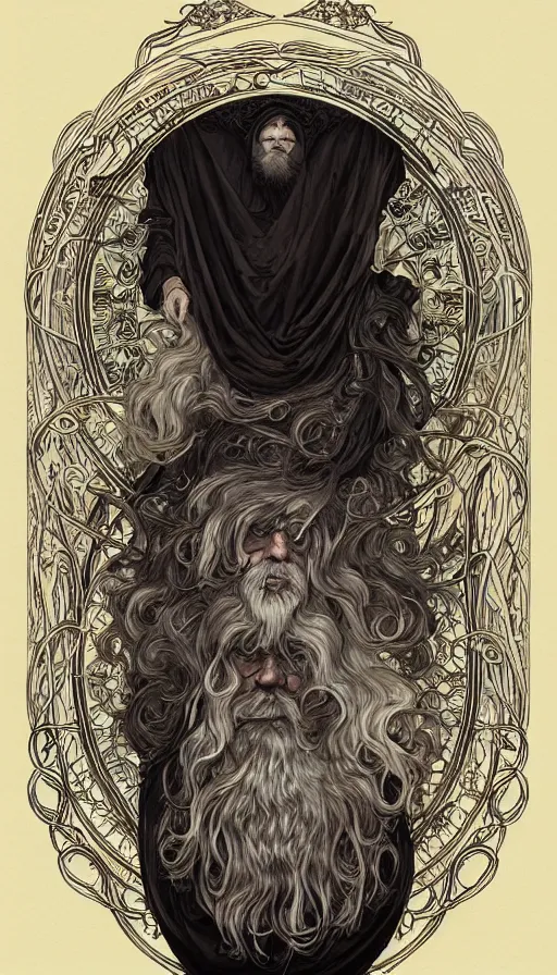 Image similar to one old man with white beard wore a black cloak, a black cloak and a white beard, highly detailed, very intricate, art nouveau, gold filigree, left right symmetry, tarot concept art watercolor illustration by mandy jurgens and alphonse mucha and alena aenami, featured on artstation