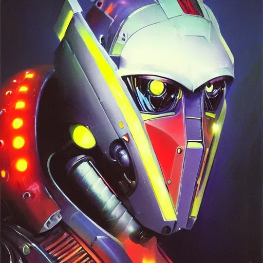 Image similar to a dark and colorful close - up side profile portrait of a sci - fi mecha robot with led lights glowing fog in the background. highly detailed science fiction painting by norman rockwell, frank frazetta, and syd mead. rich colors, high contrast, gloomy atmosphere, dark background. trending on artstation