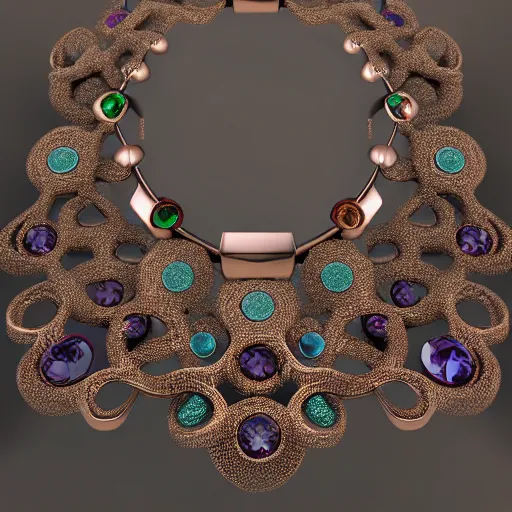 Prompt: intricate! organic, nordic wedding ring, necklace, gemstones, isolated on dreamy floral background, refraction, occlusion, lower and upper levels, keyshot render, octane render, vray render