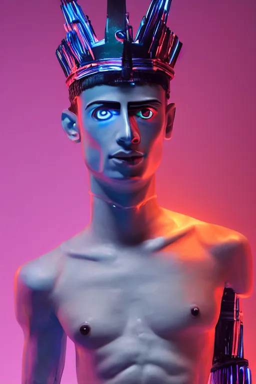 Prompt: full-body neon porcelain egyptian bladerunner greek style sculpture of a young handsome Zayn Malik shirtless as a high-fashion half-robot with a porcelain body with an opening exposing a battery leaking radioactive liquid, electric sparks, glowing violet laser beam eyes, crown of giant rubies, flowing pink and orange neon-colored silk, luminescent fabrics, mechanical raptors. baroque and steampunk elements. full-length view. baroque element. intricate artwork by caravaggio. Very very very very highly detailed epic photo of face. Trending on artstation, octane render, cinematic lighting from the right, hyper realism, octane render, 8k, depth of field, 3D