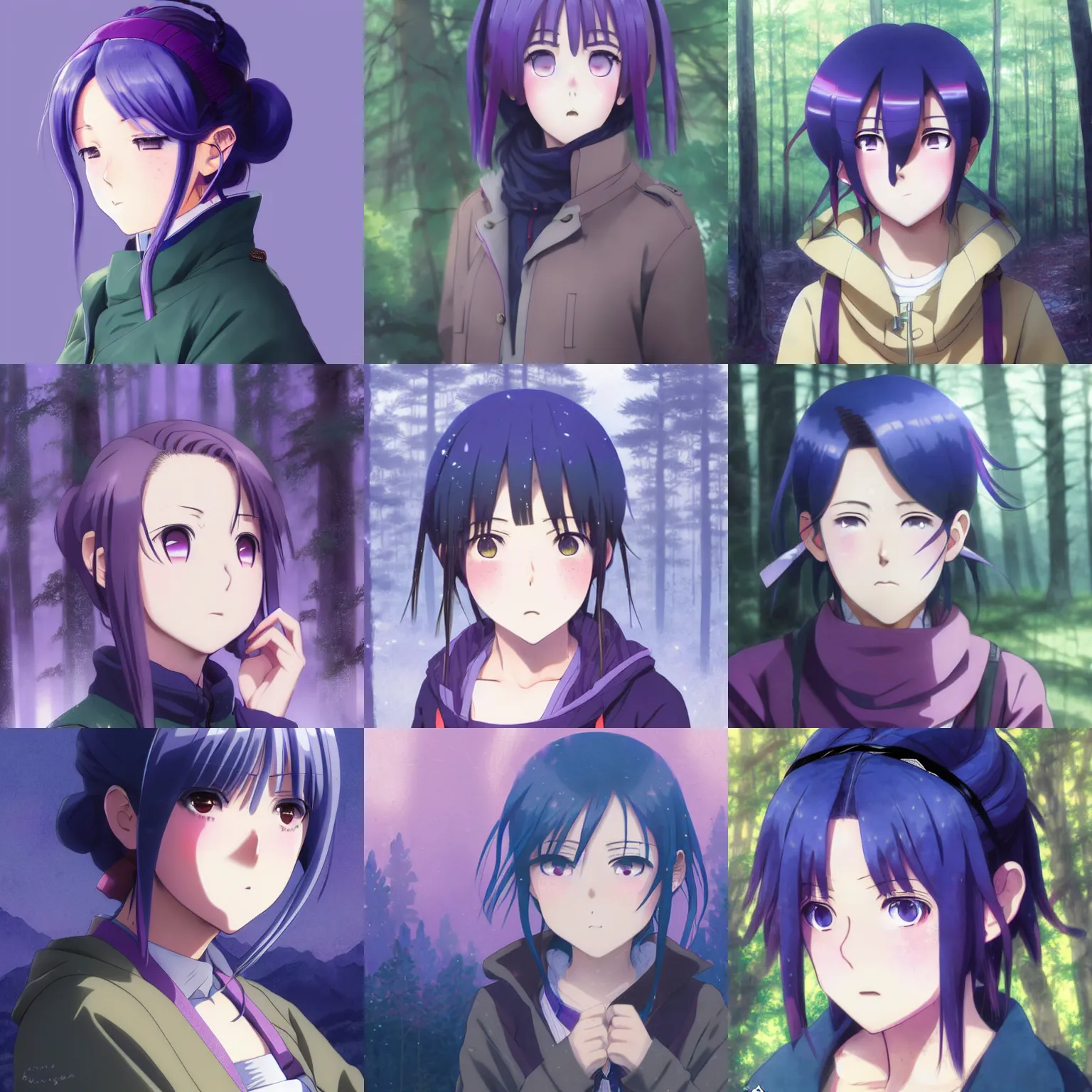 Prompt: anime shima rin shimarin yuru camp dark - blue hair tied in a high bun purple violet eyes portrait by greg rutkowski forest background