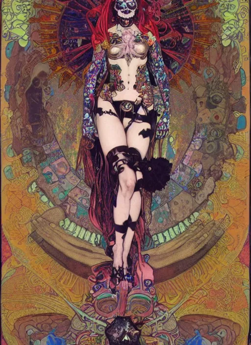 Prompt: cute punk goth fashion fractal Día de los Muertos tattooed alien girl posing, psychedelic poster art of by Victor Moscoso Rick Griffin Alphonse Mucha Gustav Klimt Ayami Kojima Amano Charlie Bowater, masterpiece