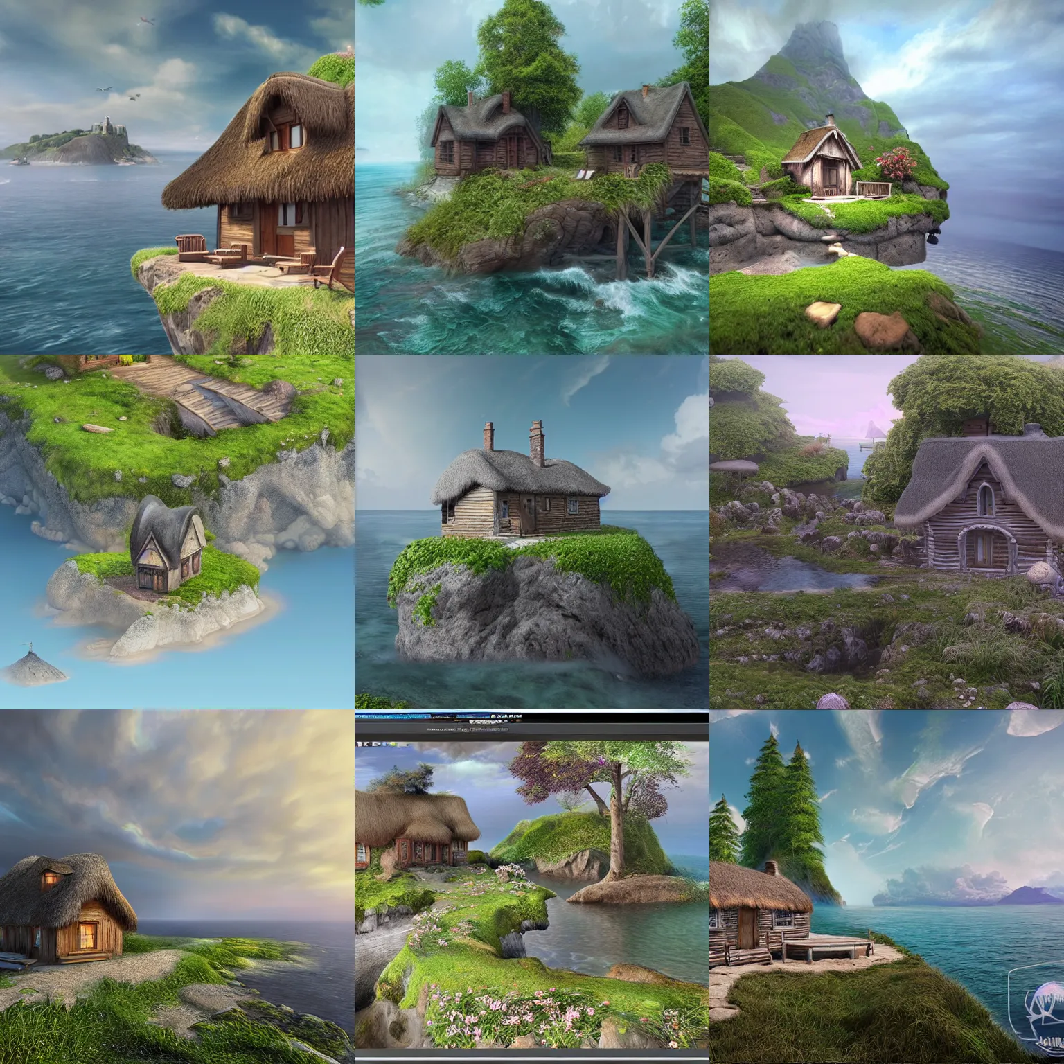 Prompt: a beautiful hyper realistic detailed matte painting of a cottage on a magical on an island ocean, unreal engine, barometric projection, rectilinear, f 8