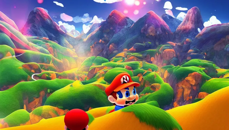 Prompt: beautiful mountain landscape photography in the style of super mario galaxy, realistic soft lighting, canon nikon, instagram photo amazing view, sunny at noon