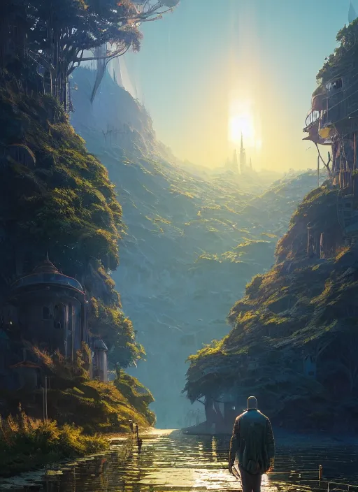 Image similar to highly detailed utopia illustration in gta v, stephen bliss, unreal engine, fantasy art by greg rutkowski, loish, rhads, ferdinand knab, makoto shinkai and lois van baarle, ilya kuvshinov, rossdraws, tom bagshaw, global illumination, radiant light, detailed and intricate environment