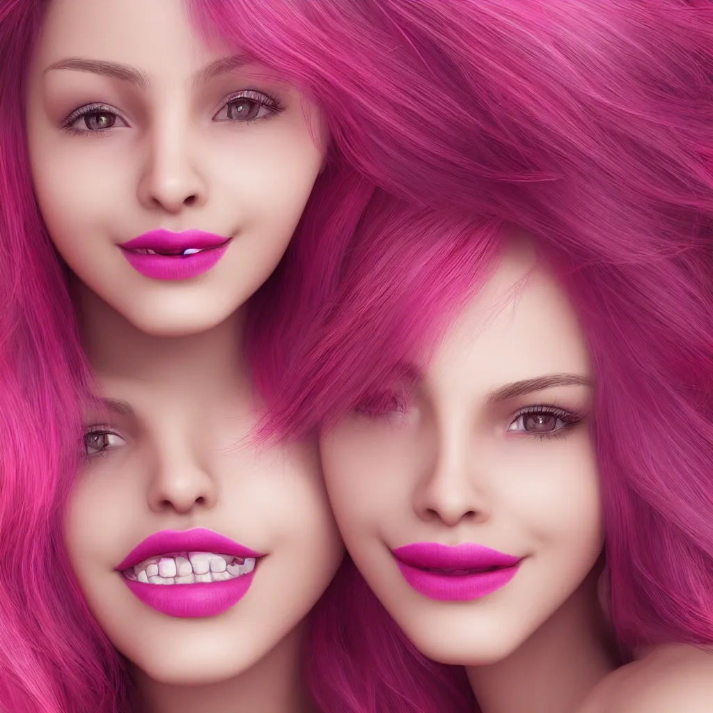 Image similar to ultra realistic portrait of a hot woman, colorful hair, pink lips, gorgeous smile, stunning, hottest, 8K resolution, 3D, Octan render,