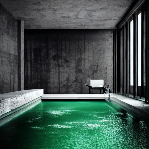 Prompt: a black and white photo of a room with green water, a detailed matte painting by peter zumthor, behance, abstract art, matte painting, behance hd, matte background