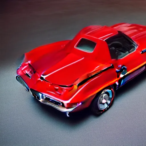 Prompt: Corvette C2 1969, red paint, in a blank studio room. The car is on a perfectly flat floor. Camera view on the car is at 0 degree, facing the front.