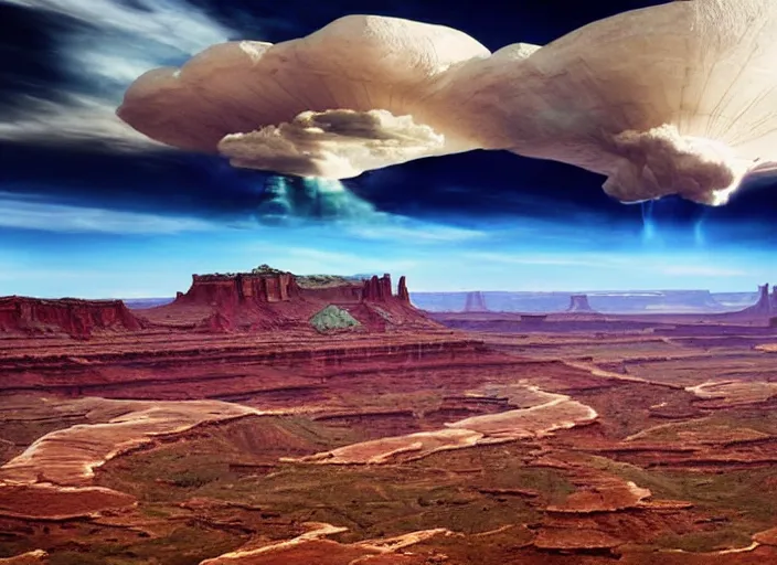 Prompt: a cloud shaped like an alien spaceship over canyonlands. technicolor. cinematic