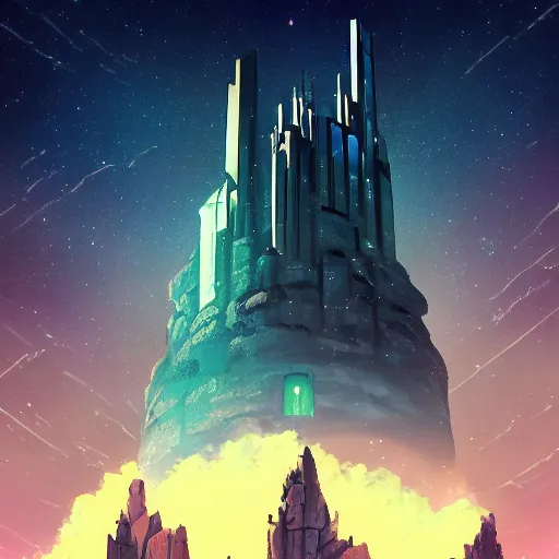 Image similar to stone castle in the style of cyberpunk ontop of a mountain, space sky, anime illustration,