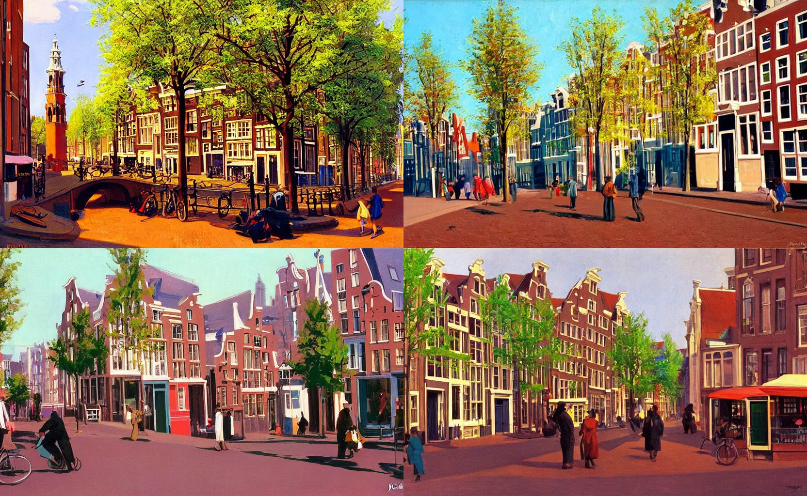 Prompt: the colourful streets of Amsterdam in spring, painting by Syd Mead and Edward Hopper