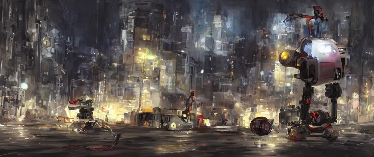 Image similar to concept art of one rescue robot, disaster in the city, night, shinji aramaki