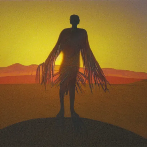 Prompt: sunset in a desert, shaman doing a ritual, energy streams, magic, drawing by moebius