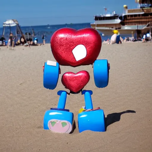 Image similar to a very cute happy robot with lots of hearts floating in the air on the beach in a sunny seaport