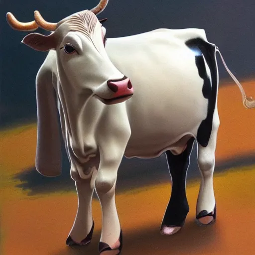 Image similar to a cow with a cat on its head