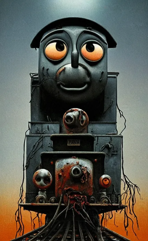 Image similar to thomas the tank engine in style of zdzisław beksinski, extremely dramatic lighting, 8 k, tendrils, black, darkness, black slime tendrils, infected, rust, body horror, thomas the train, thomas the tank engine face, horror,