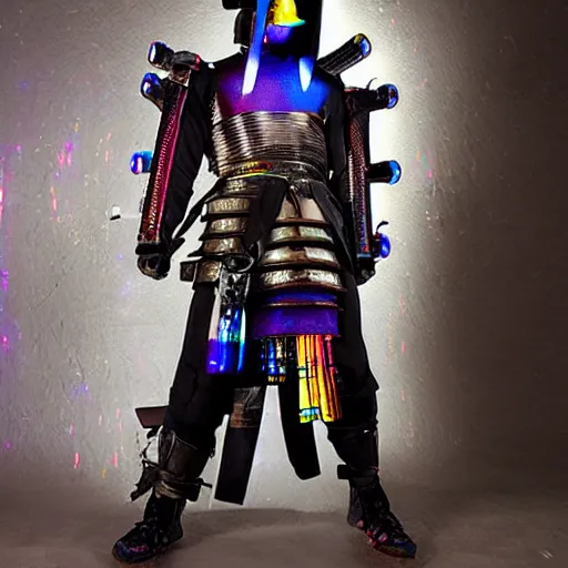 Prompt: This cyberpunk samurai is draped in iridescent armor that reflects the light in a thousand different colors. The armor is made of a lightweight metal that is tough and flexible, allowing the samurai to move with ease. The armor is also fitted with a number of hidden weapons, including knives, daggers, and small pistols.