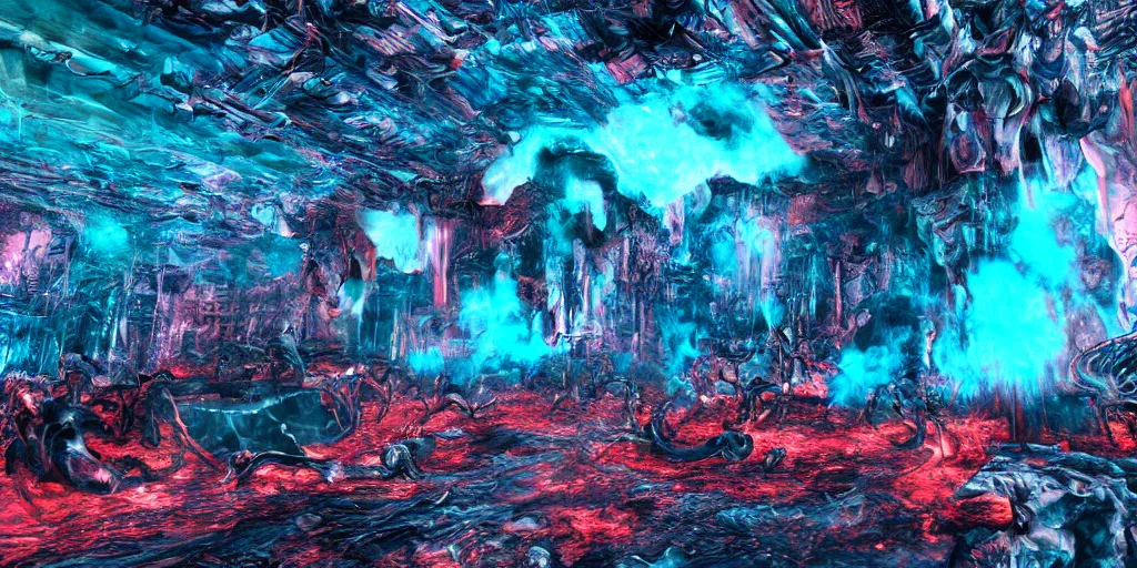 Image similar to death metal concert inside an active volcano, intricate complexity, horror, rainbow drip paint, psychedelic glitch art, trending on art station, photoreal, 8k, octane render